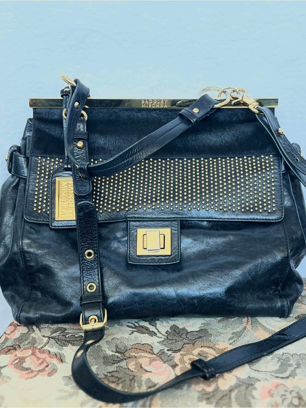 Leather Badgley Mischka Black Satchel with Gold Hardware - Picture 8 of 8